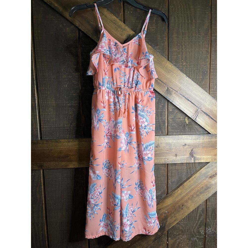 GIRLS Wide Leg Jumpsuit Size 14 Floral Jumper Peach Blue Youth Kids Boho NEW